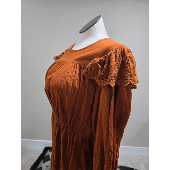 Rust Orange Long-Sleeve Textured Dress W/Eyelet Detailing & Elastic Waist By Uni - Picture 9 of 13